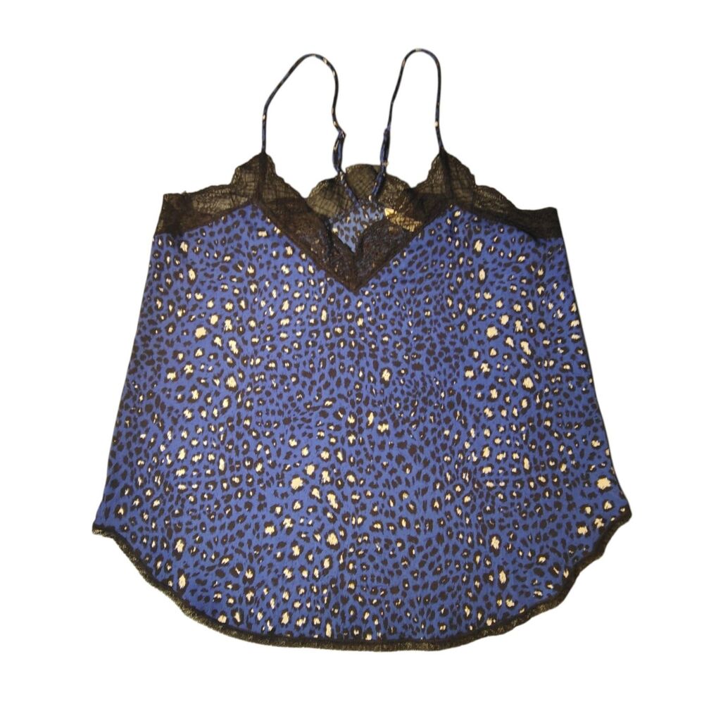 LOVESTITCH Leopard Print Lace Trim Camisole Tank Top Straps Small Blue Y2K 00081